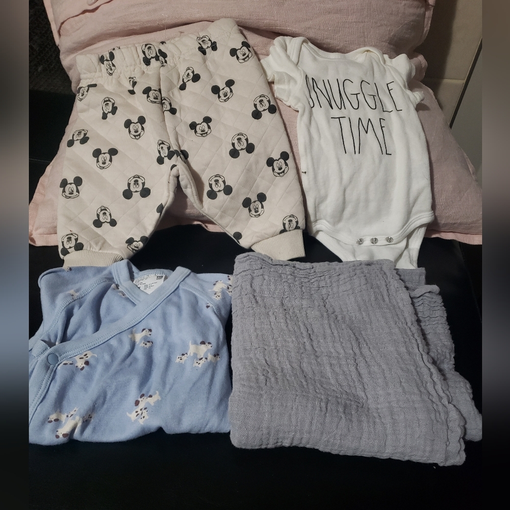 Baby Clothing Set with Mickey Mouse Pants and Snuggle Time Onesie Rae Dunn,